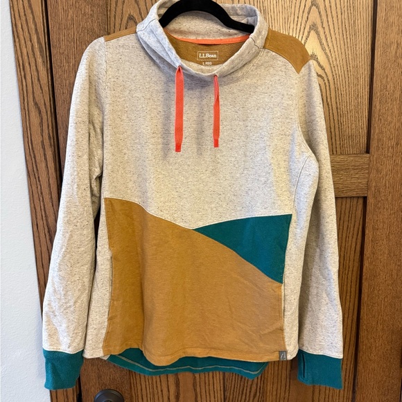 L.L. Bean Tops - L.L. Bean Woman’s Colorblock Pullover Hoodie - Heather Gray/Teal/Tan